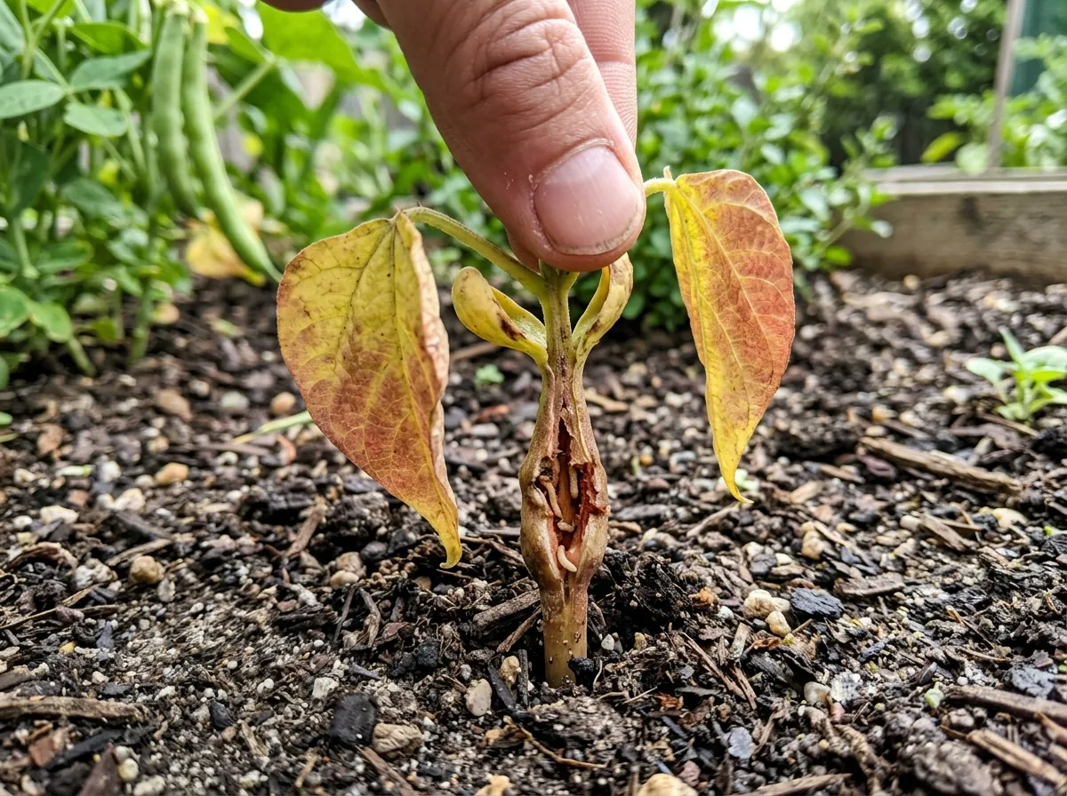 Young bean plant wilting and reddening, with a swollen, cracked stem at soil level from bean fly