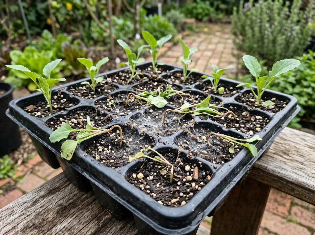 Seedlings in a tray collapsed at soil level with thin, pinched, water-soaked stems from damping off