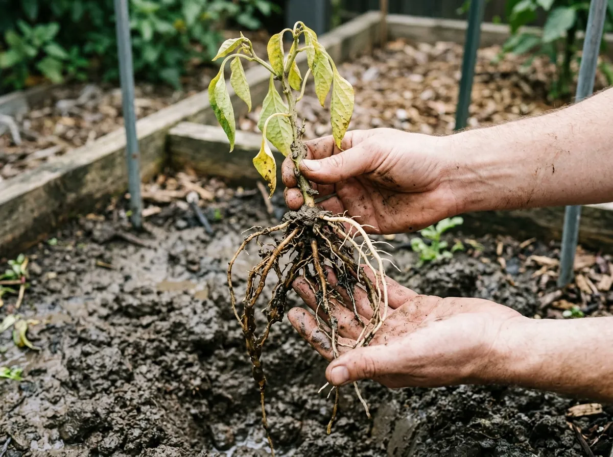 Plant lifted from wet soil showing brown, mushy, blackened roots from root rot