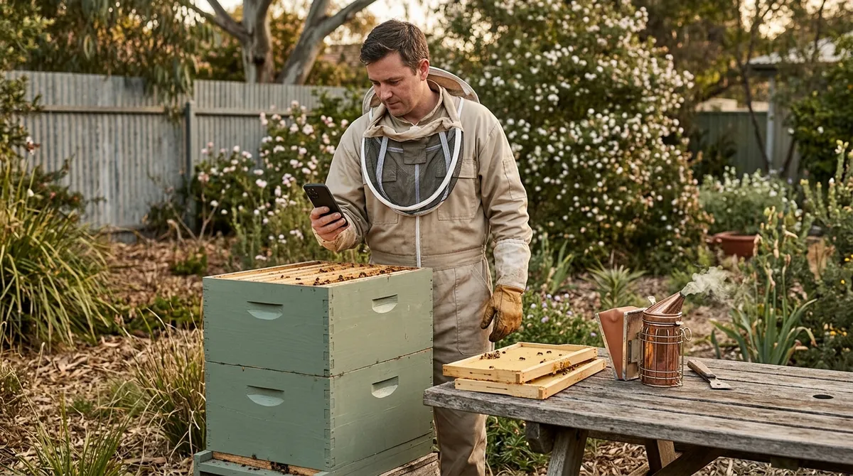 Beekeeper checking records on a phone beside a backyard hive