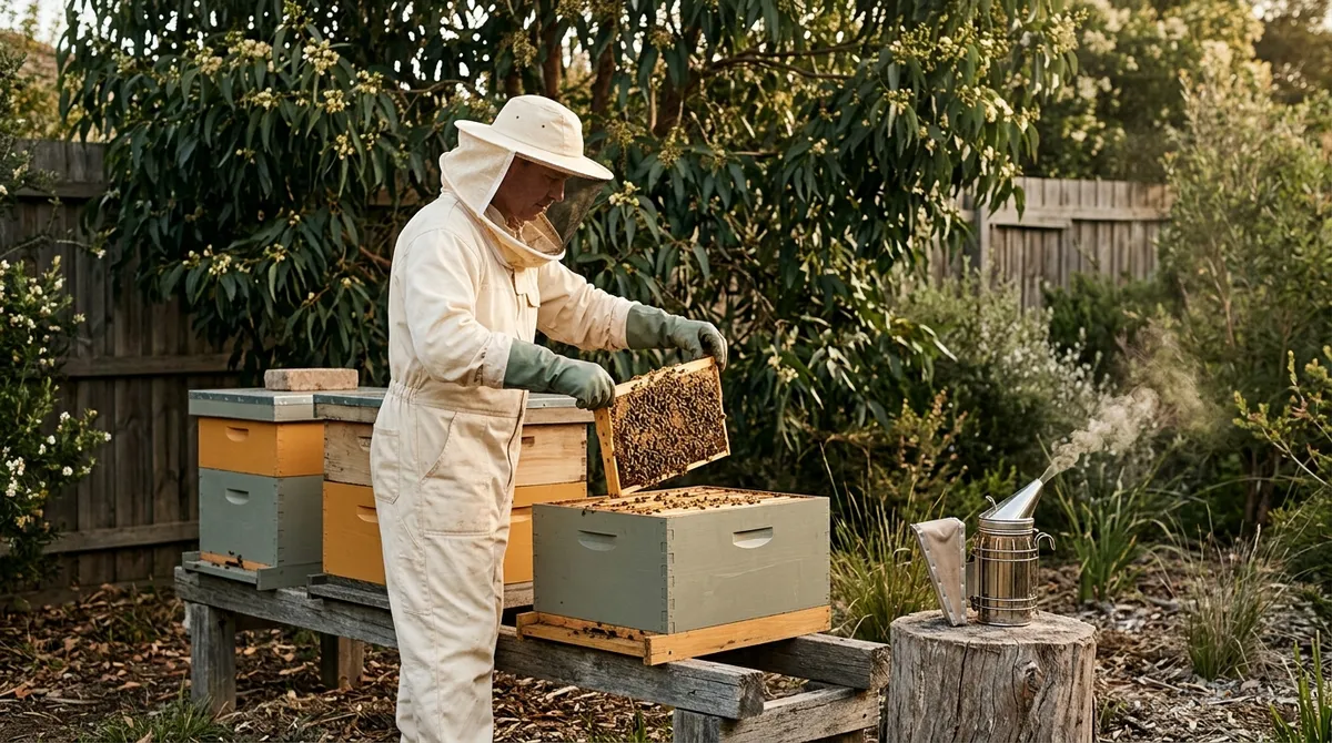 Beekeeper lifting a frame from a backyard Langstroth hive