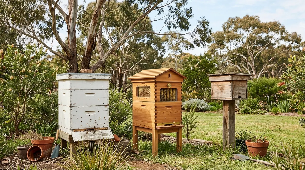 Langstroth, Flow and native bee hives side by side in a backyard
