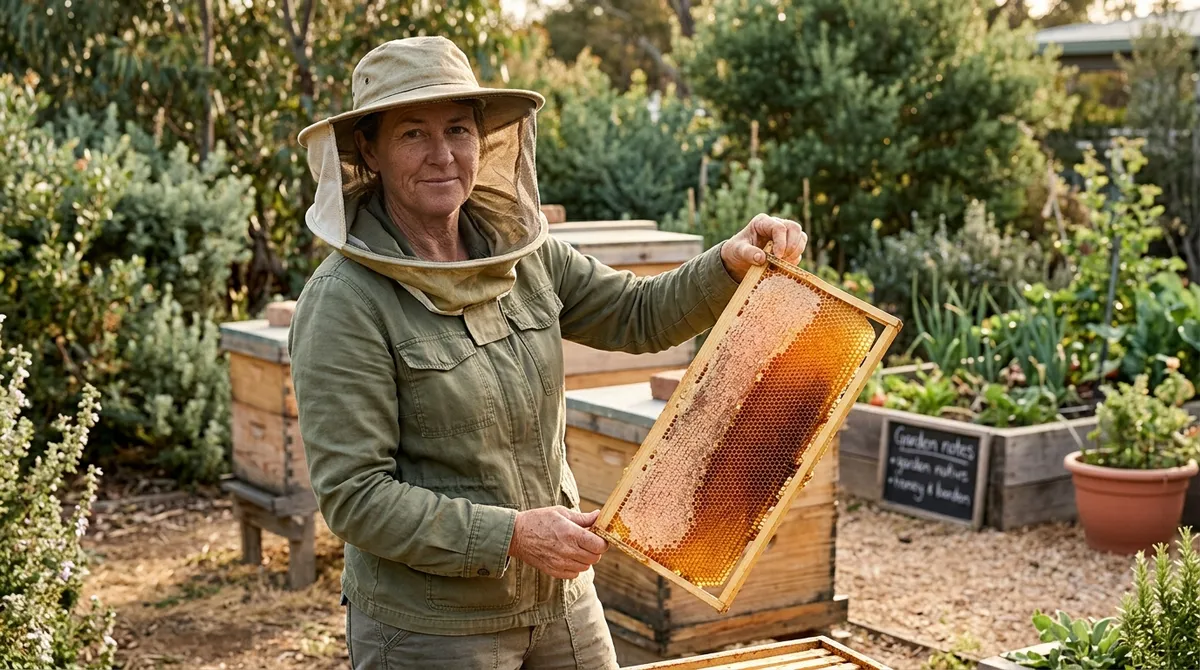 Beekeeper holding a fully capped frame of honey