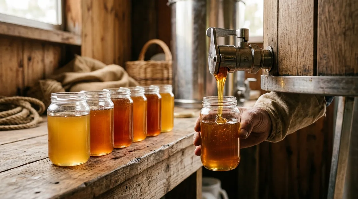 Honey being jarred from an extractor gate