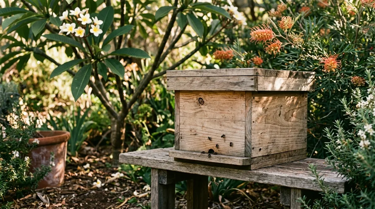 Timber native stingless bee hive box in morning sun
