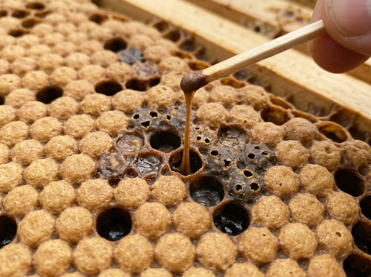 Illustration of AFB symptoms: sunken perforated cappings and the matchstick rope test