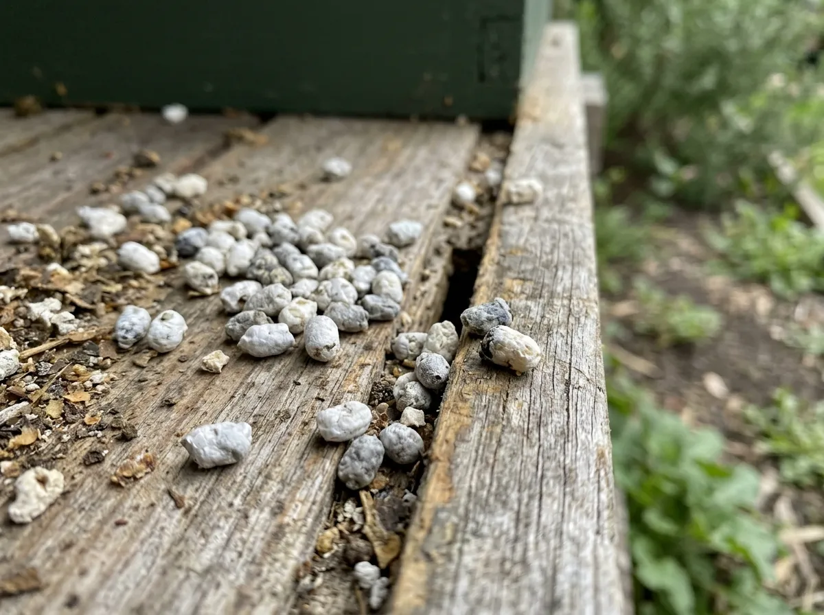 Illustration of chalkbrood mummies at a hive entrance