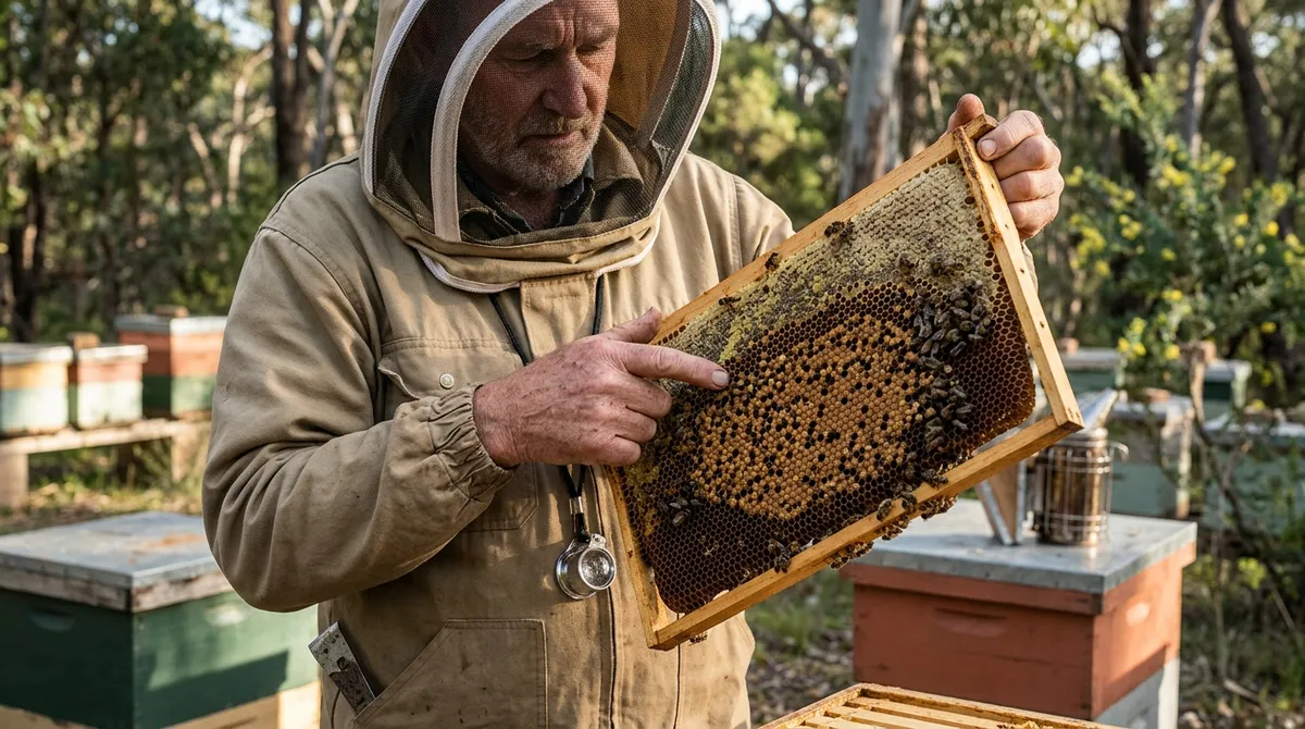Beekeeper closely inspecting a brood frame for disease