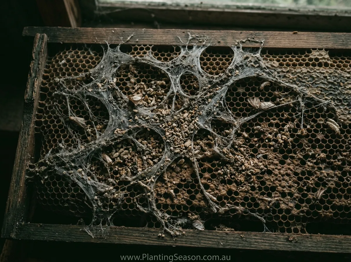 Illustration of wax moth webbing on stored comb