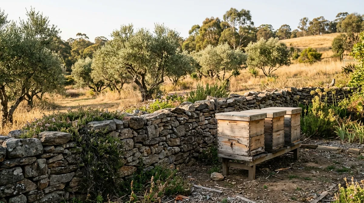Hives beside a stone wall in the Adelaide Hills