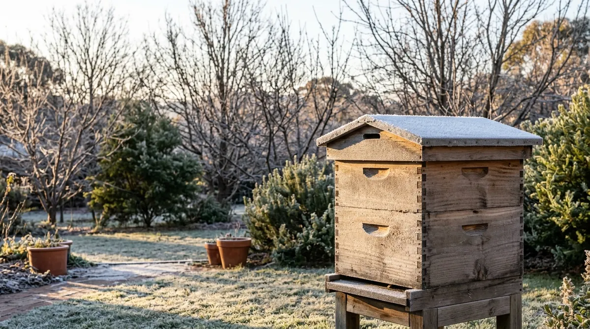 Frost-covered beehive on a Canberra winter morning
