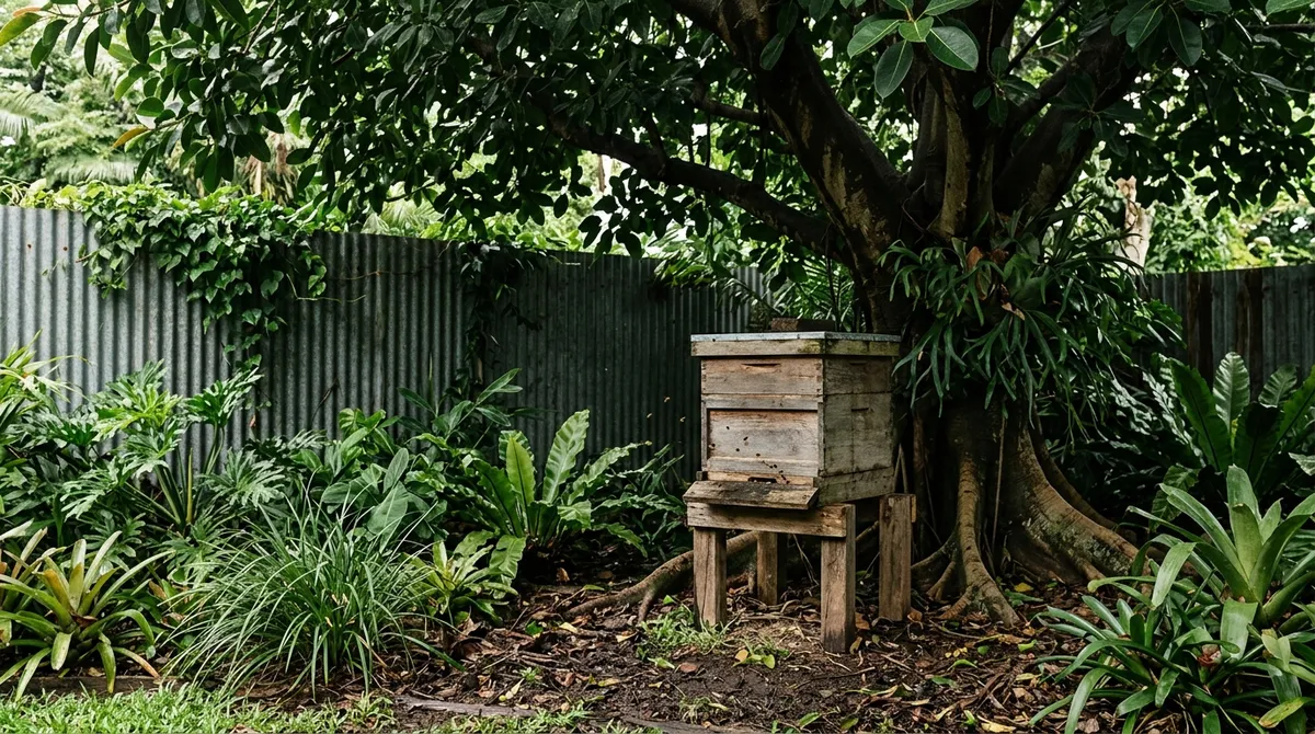 Shaded beehive under a fig tree in Darwin