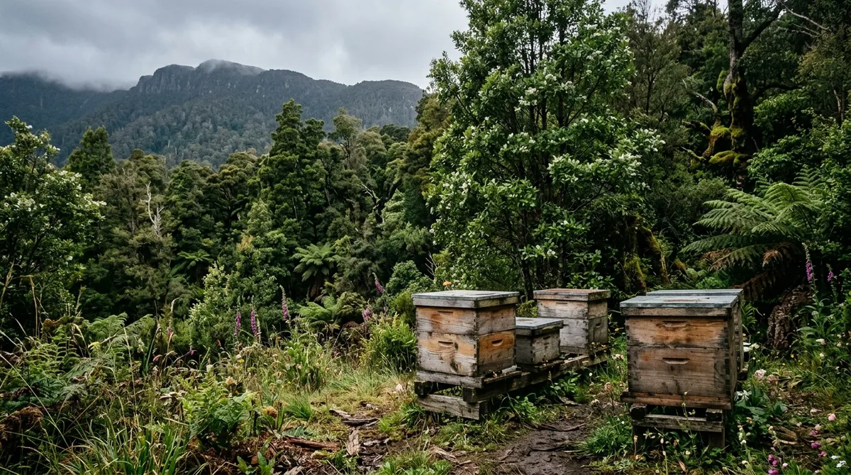 Hives beside Tasmanian leatherwood forest