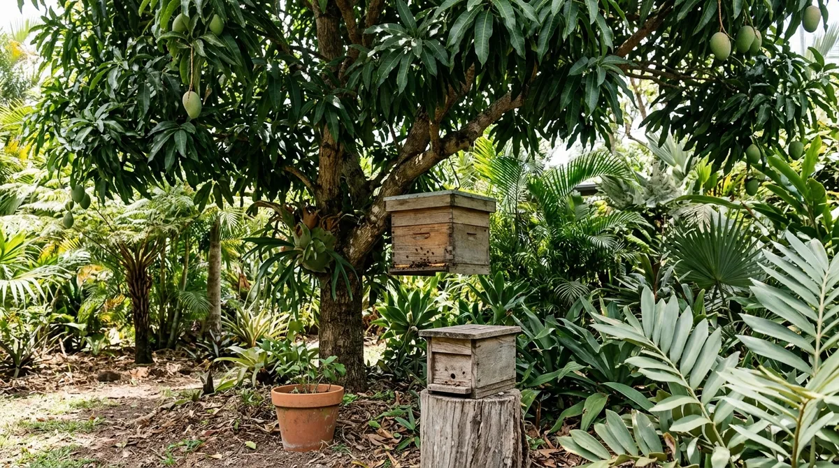 Hive and stingless bee box under a mango tree in North Queensland