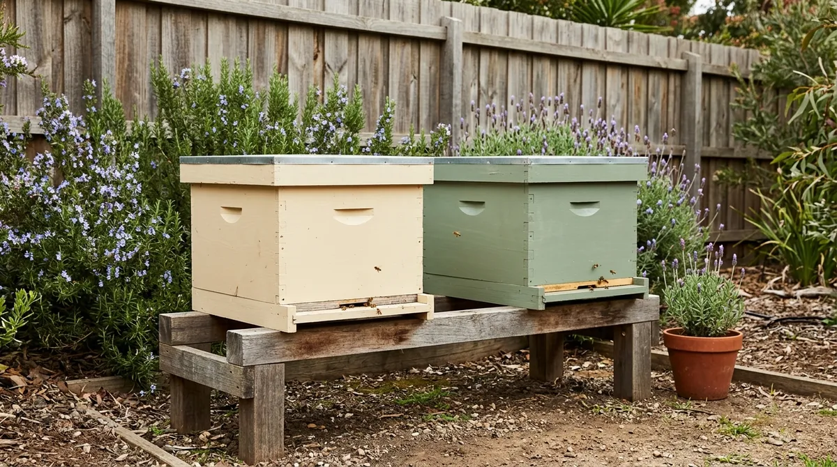 Two registered backyard beehives on stands in an Australian garden