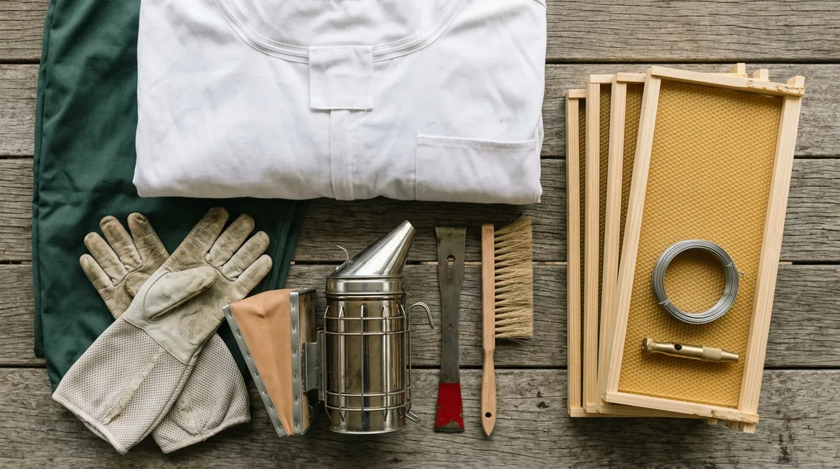 Beginner beekeeping equipment laid out