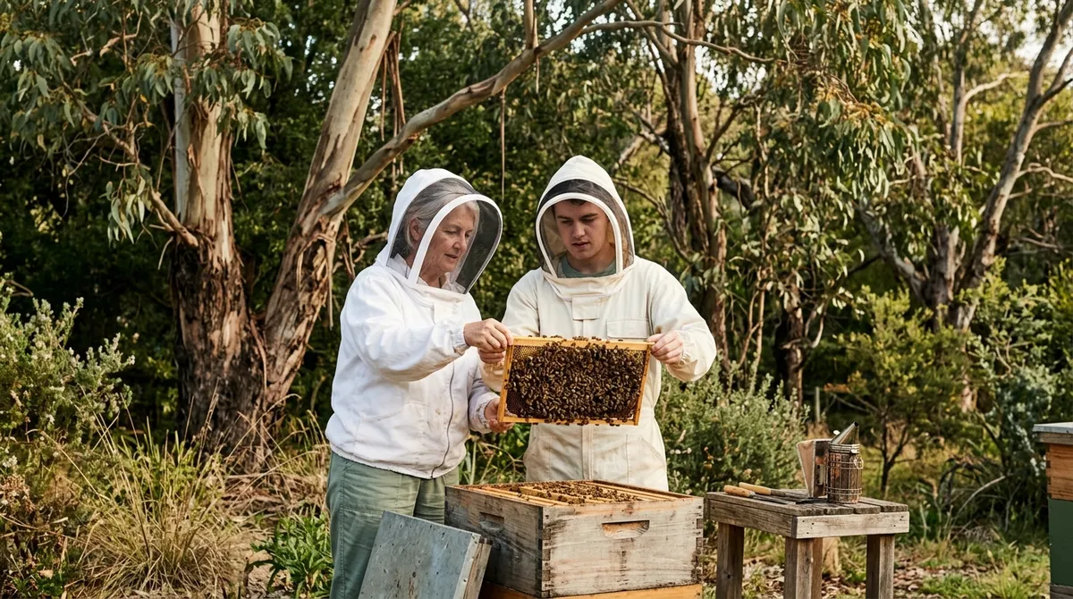 Mentor guiding a beginner beekeeper through their first hive inspection