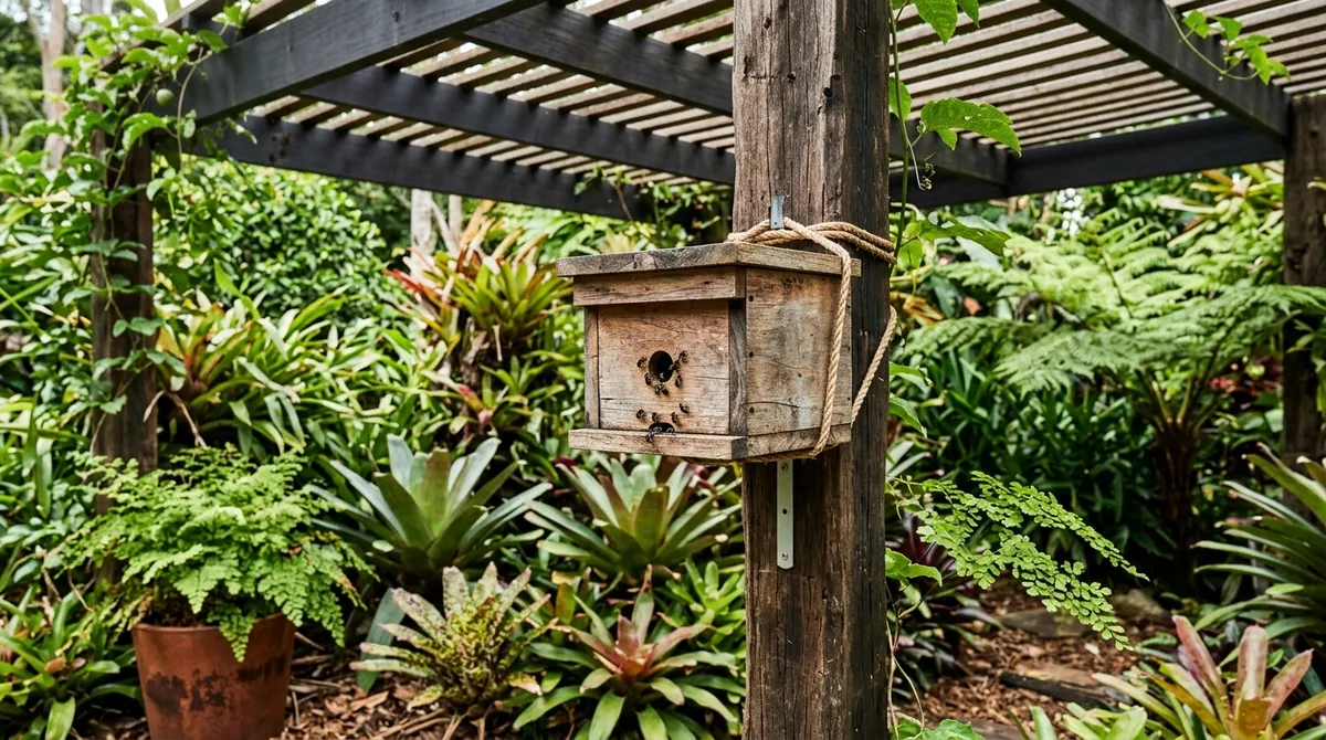 OATH native stingless bee hive box in a subtropical Queensland garden