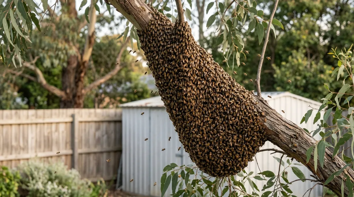 A honey bee swarm clustered on a eucalyptus branch