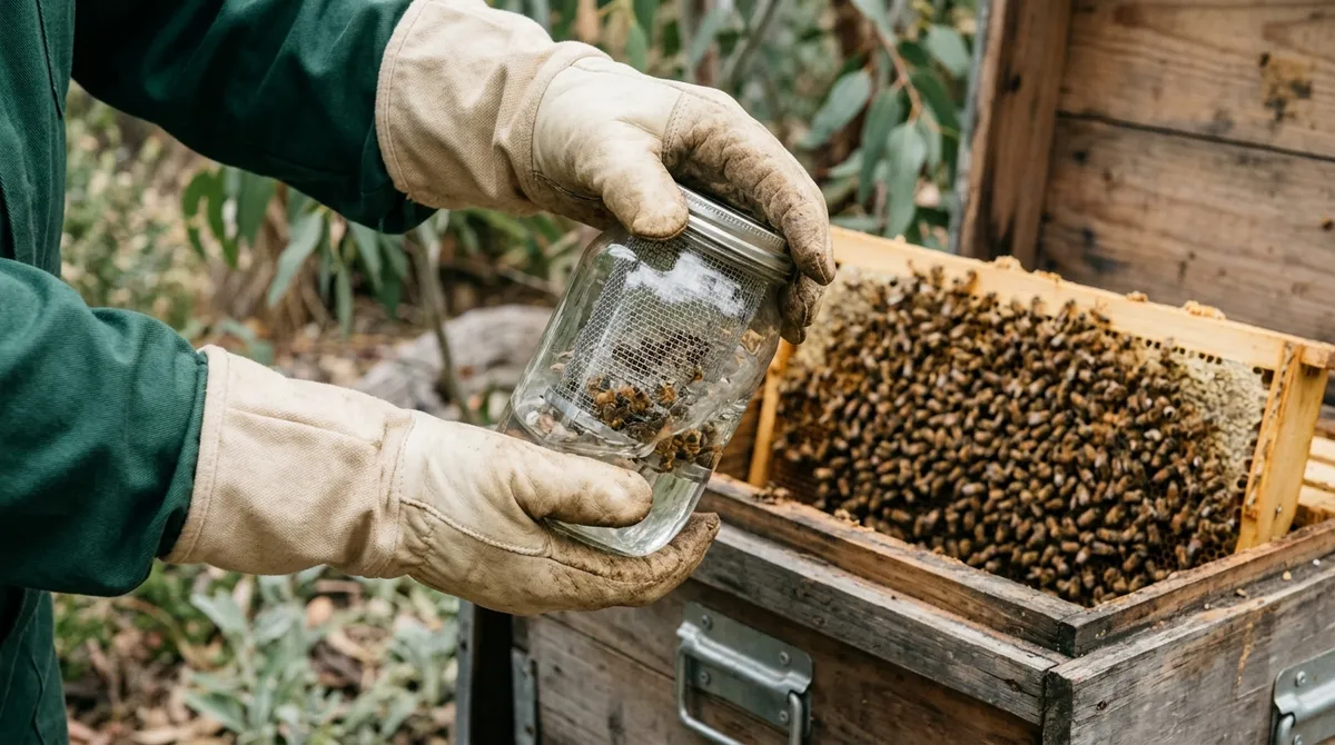 Alcohol wash jar being swirled beside an open beehive