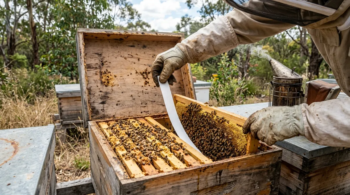 Treatment strip being hung between brood frames in a hive