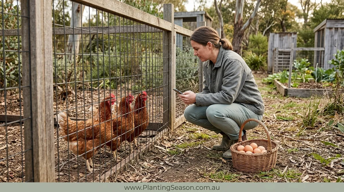 A keeper checking the flock with a phone in hand beside the coop