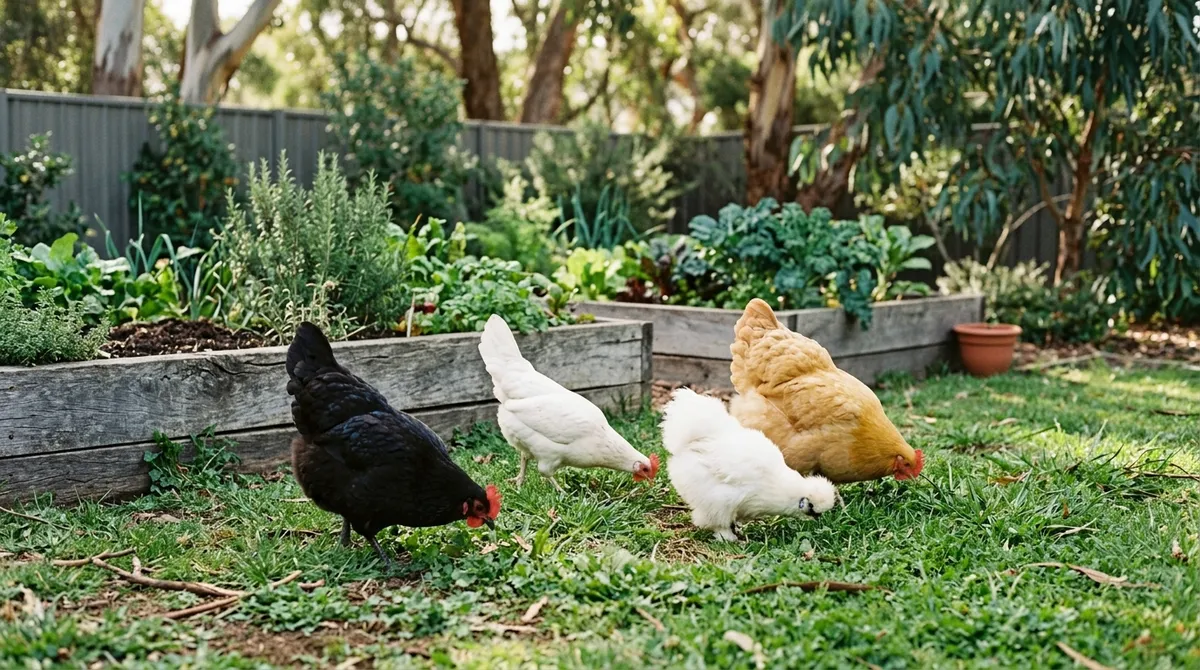 A mixed flock of backyard chicken breeds in an Australian garden