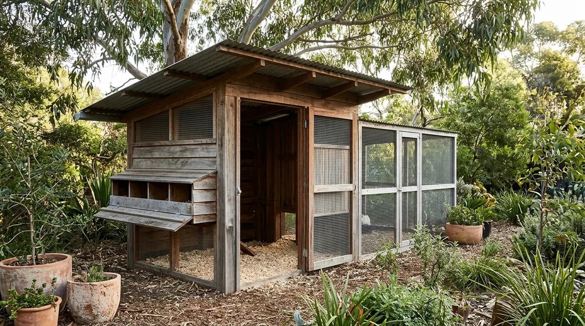 Walk-in backyard chicken coop with corrugated iron roof in an Australian garden
