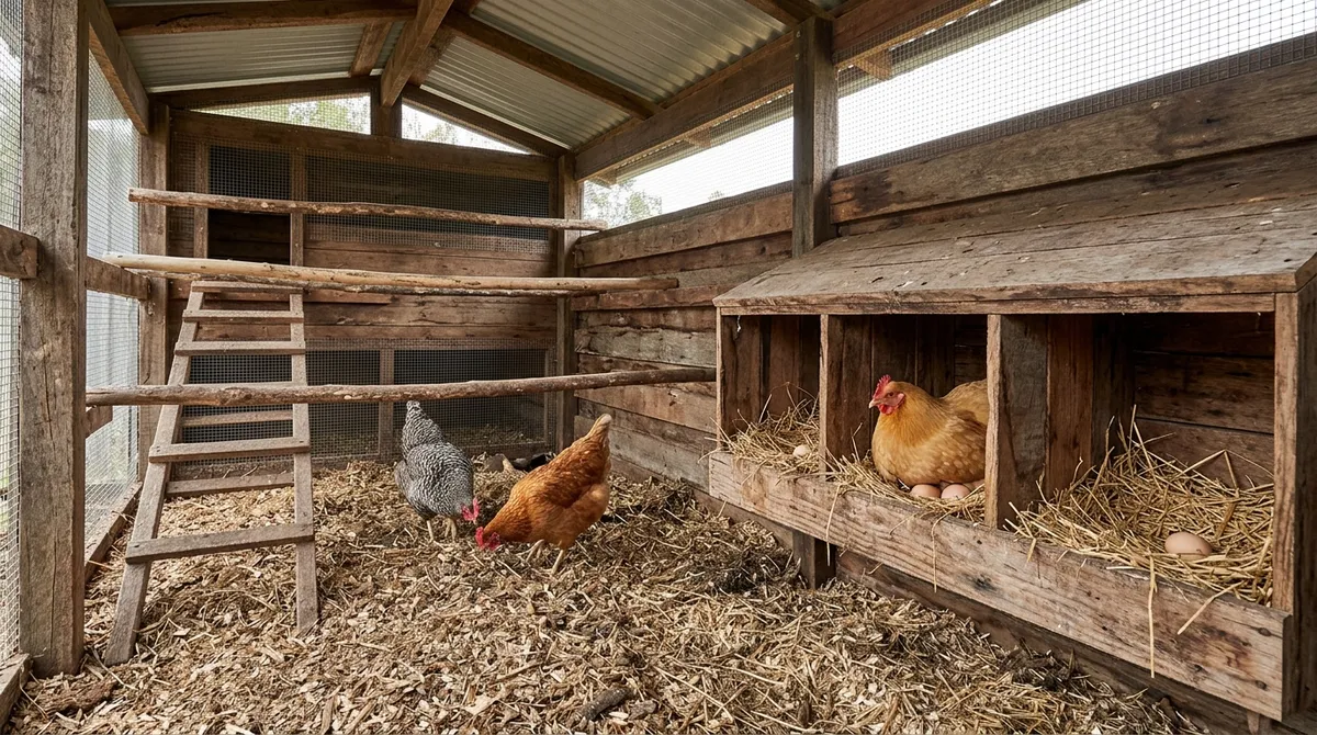 Chicken coop interior with timber roosts and straw nesting boxes