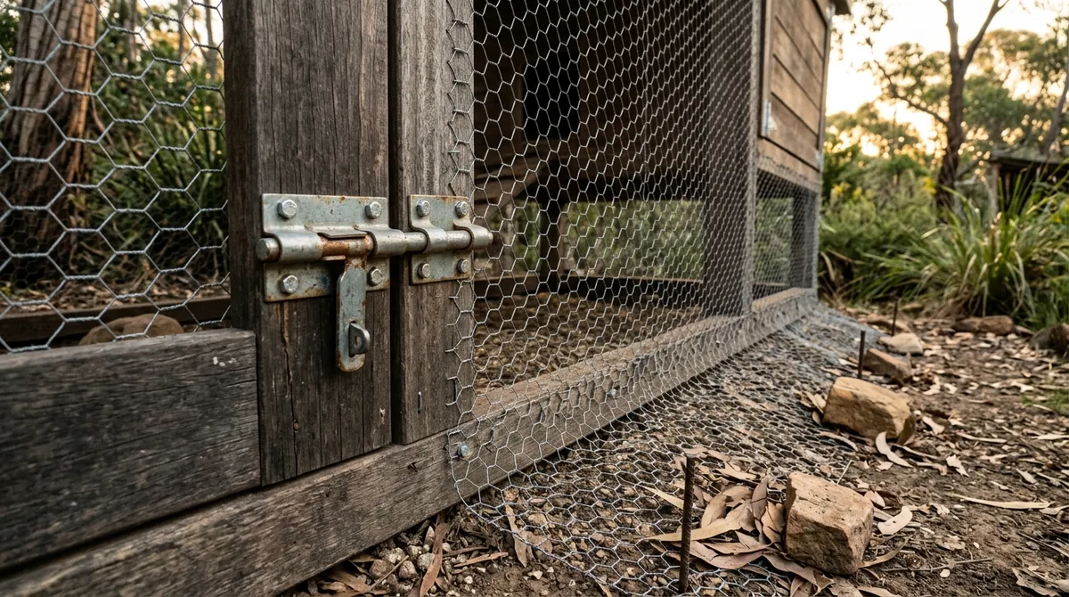 Galvanised mesh and locked latch on a timber chicken coop