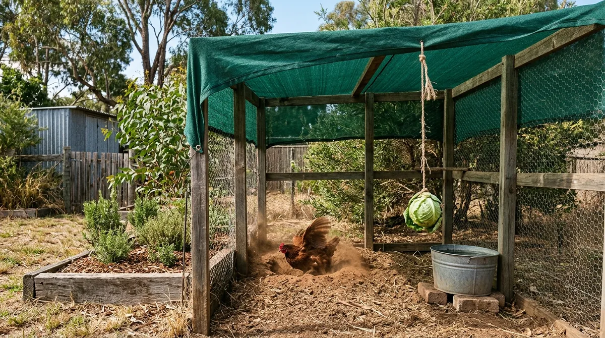 Shaded chicken run with dust bath and hanging cabbage