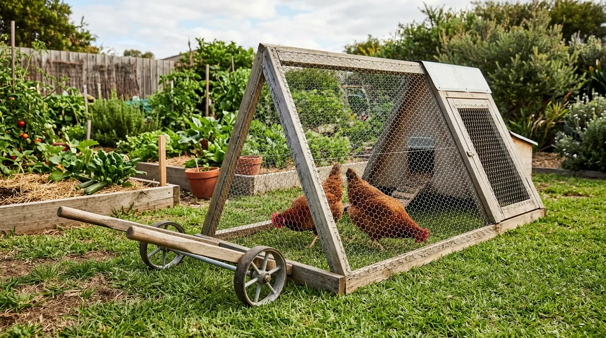 A-frame chicken tractor on an Australian lawn