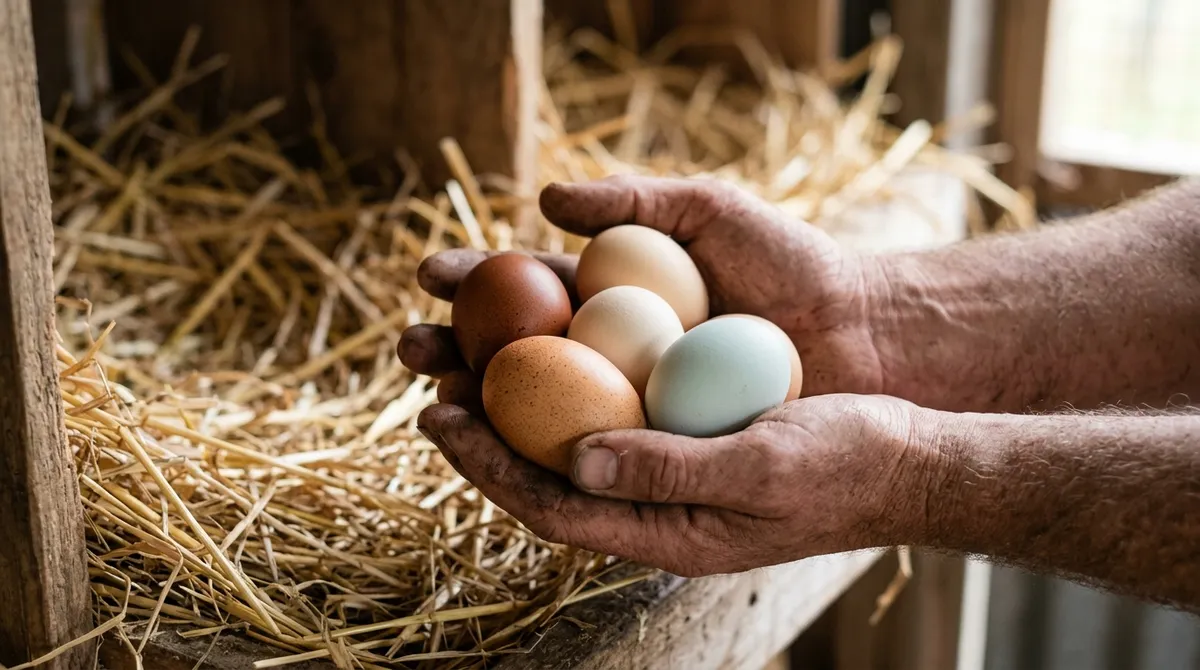 A hand holding fresh eggs of different colours from the nest box