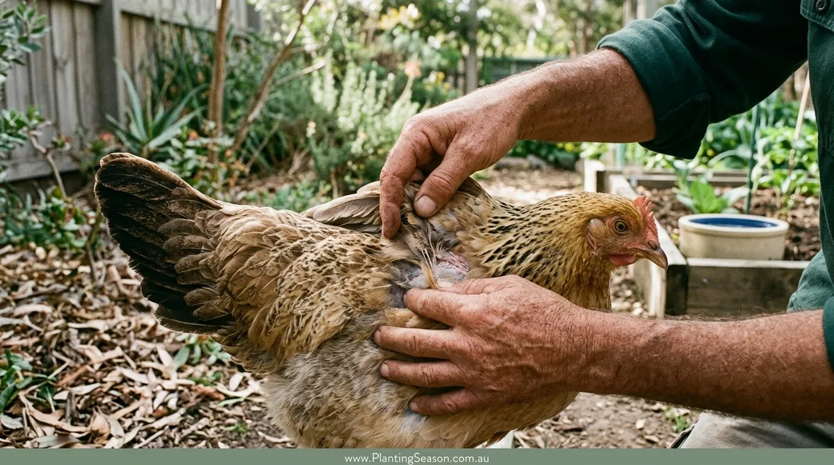 A keeper gently examining a hen in the garden