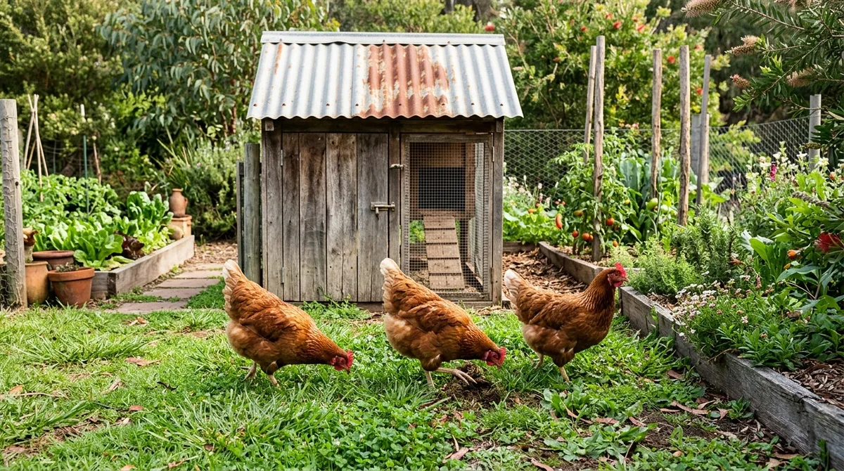 Backyard chickens foraging beside a timber coop in an Australian garden