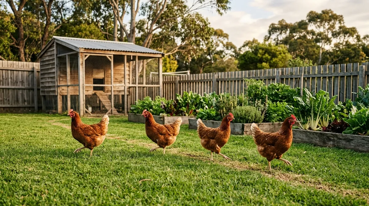 Four hens crossing a suburban Australian backyard