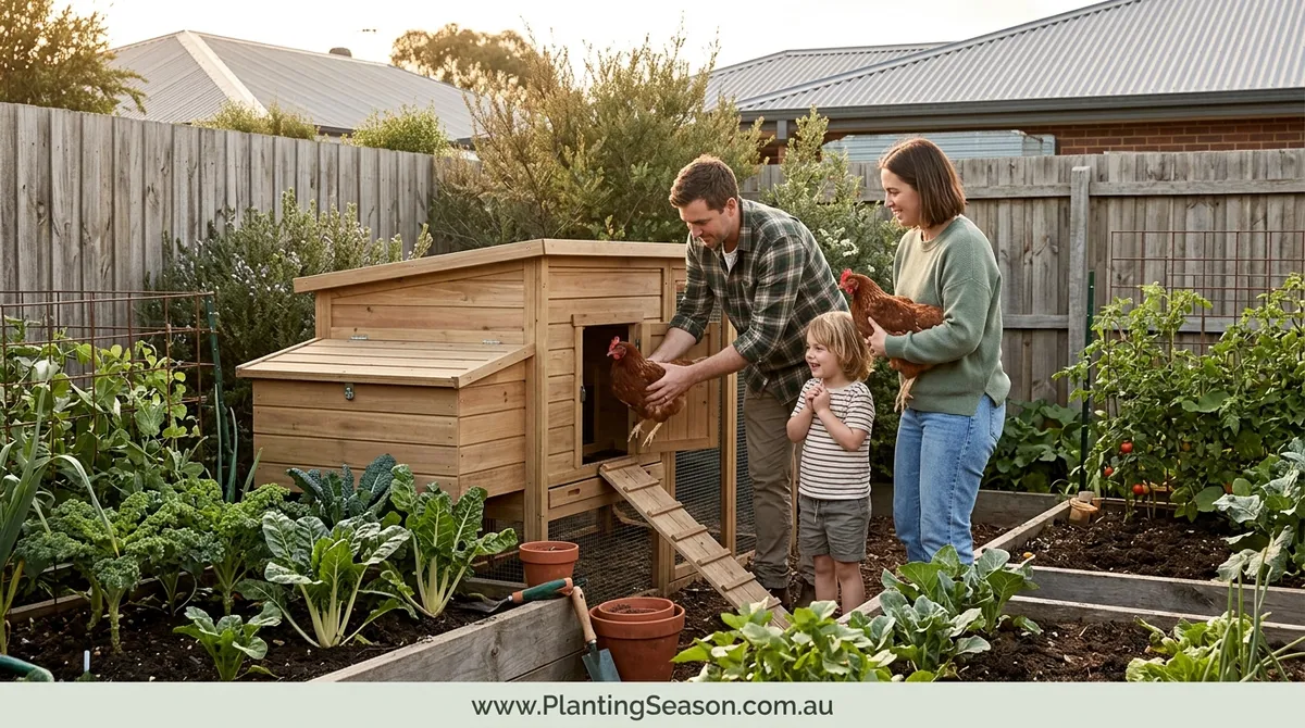 A family setting up their first backyard chicken coop
