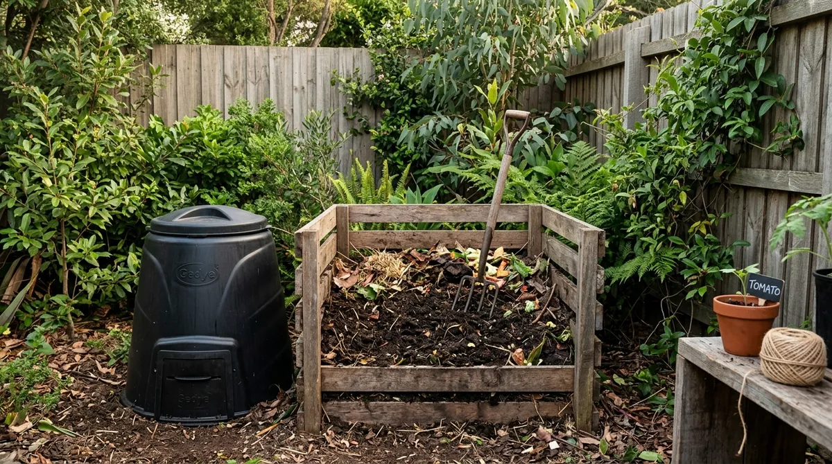 A backyard compost bin and heap in an Australian garden