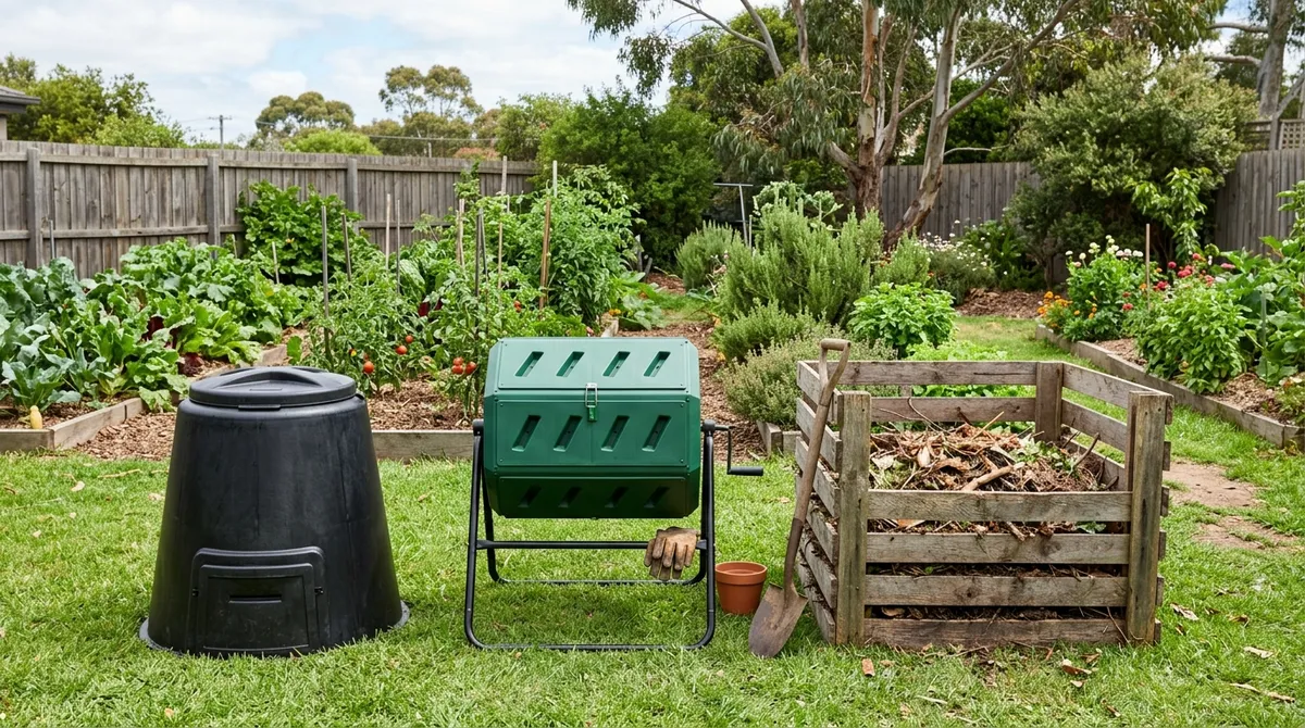 Different compost systems: bin, tumbler and open heap