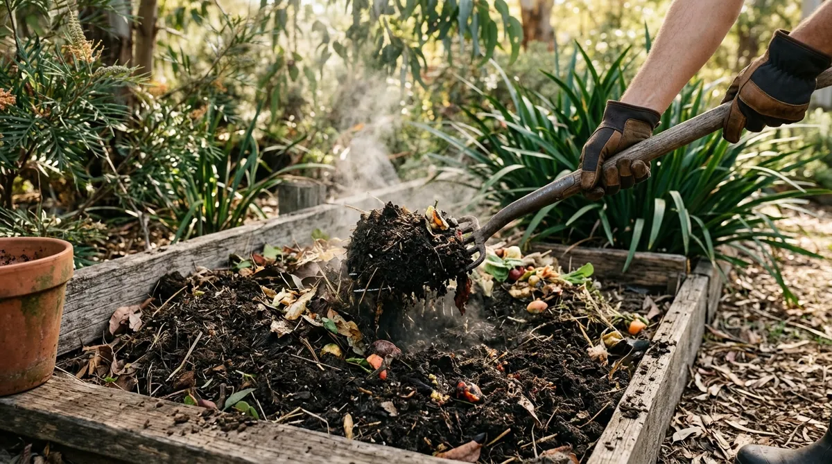 Turning a compost heap with a garden fork
