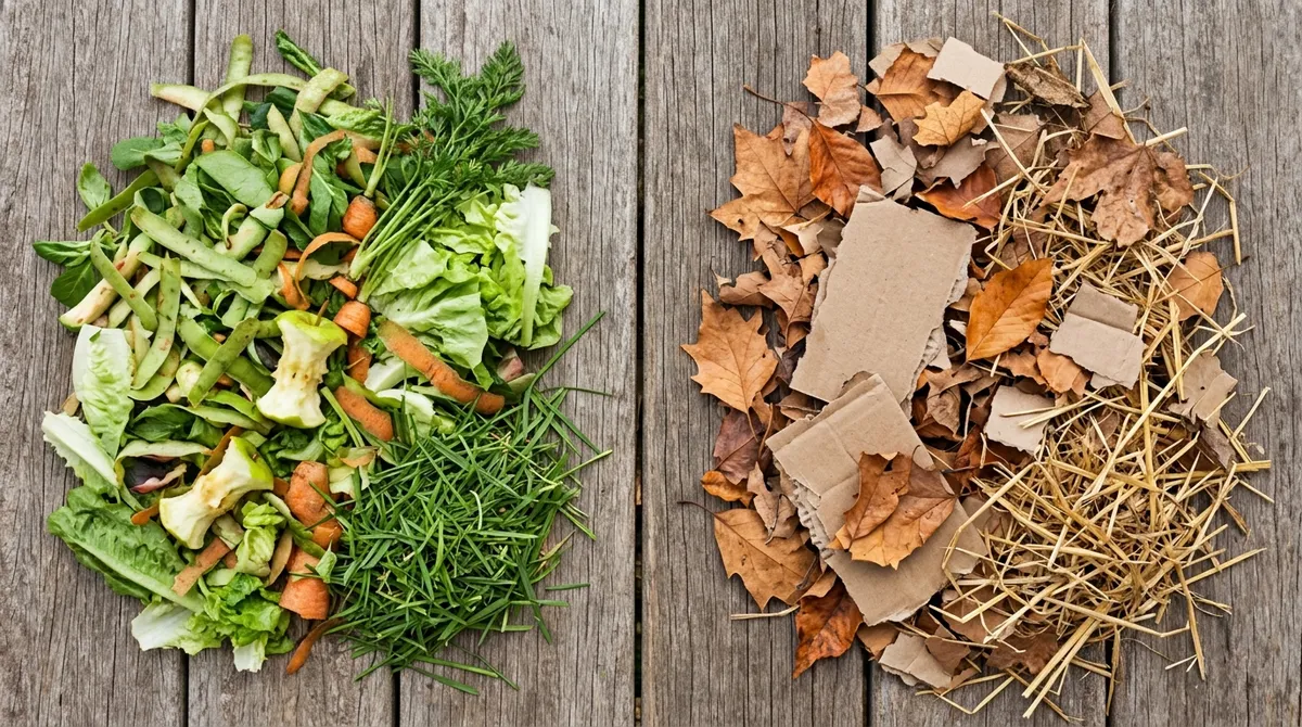 A mix of green and brown materials ready for the compost
