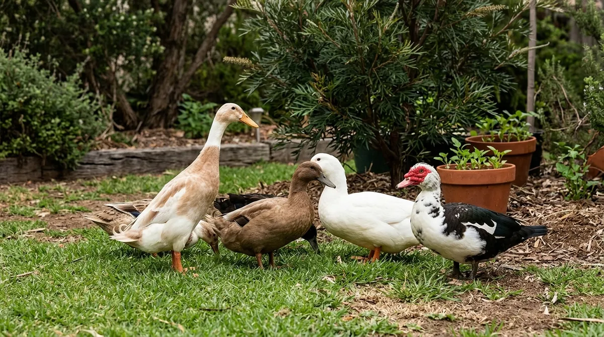 Several backyard duck breeds together on grass