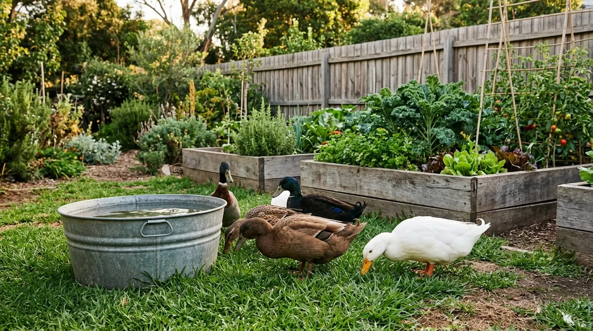 Backyard ducks foraging on grass beside a water tub in an Australian garden