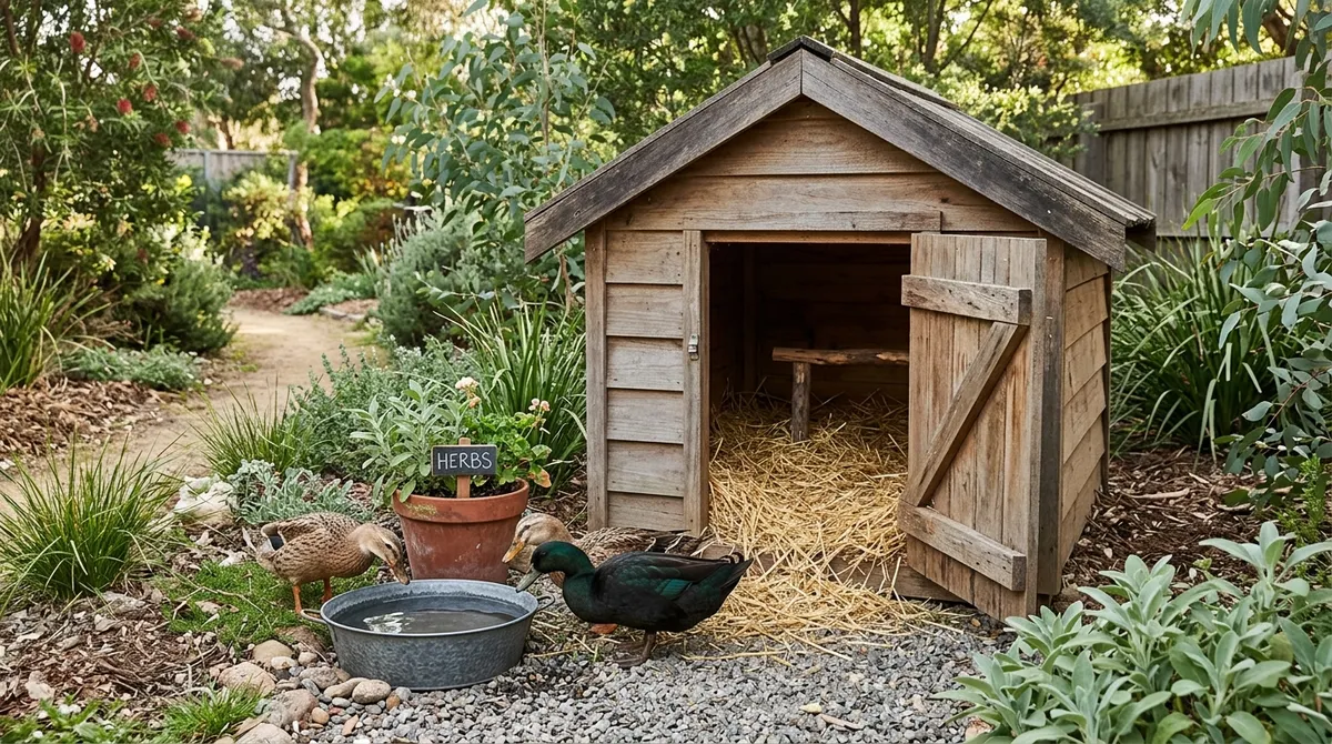 A duck house with a clean water tub in a backyard