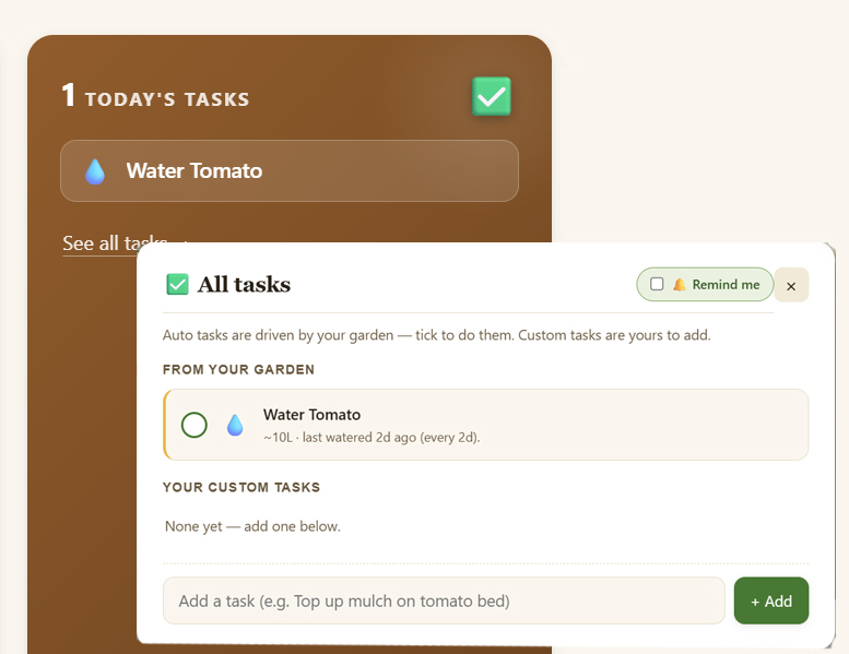 Daily garden tasks panel