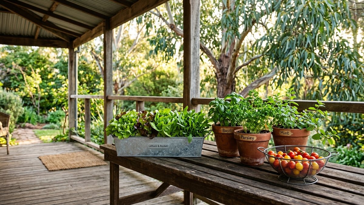 Pots of herbs and salad greens and a colander of cherry tomatoes on an Australian back verandah