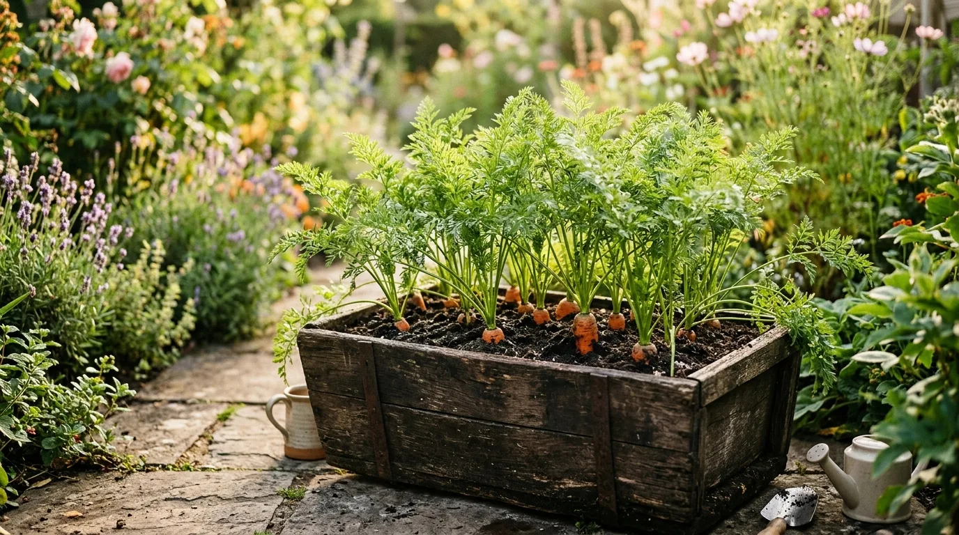 Carrots being pulled from a deep container of loose soil