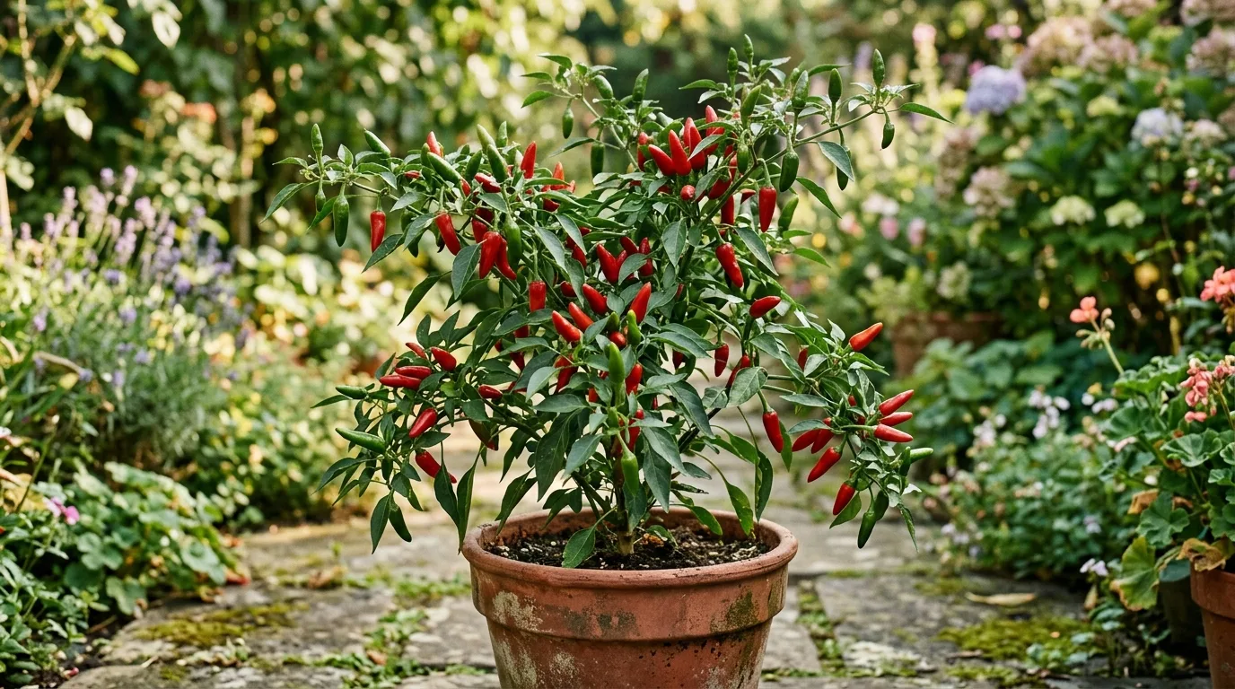 A chilli plant covered in red and green fruit in a pot