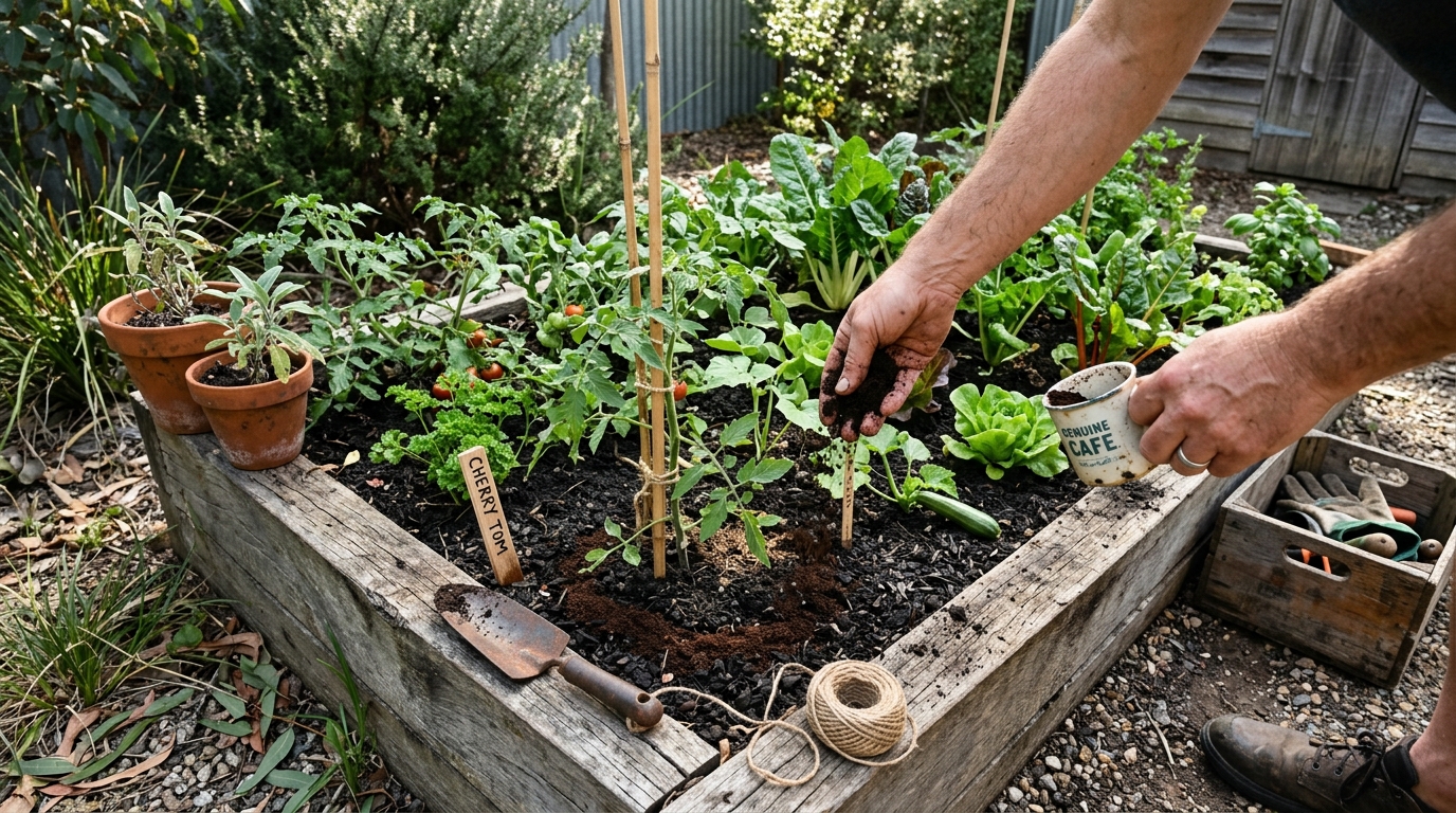 Coffee grounds in garden bed