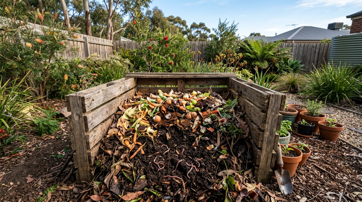 Wooden compost bin in backyard